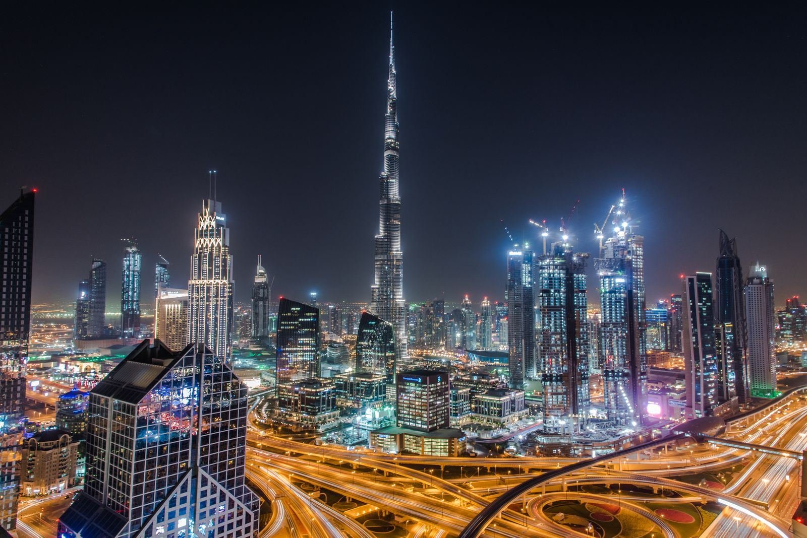 Dubai skyline at night with Burj Khalifa